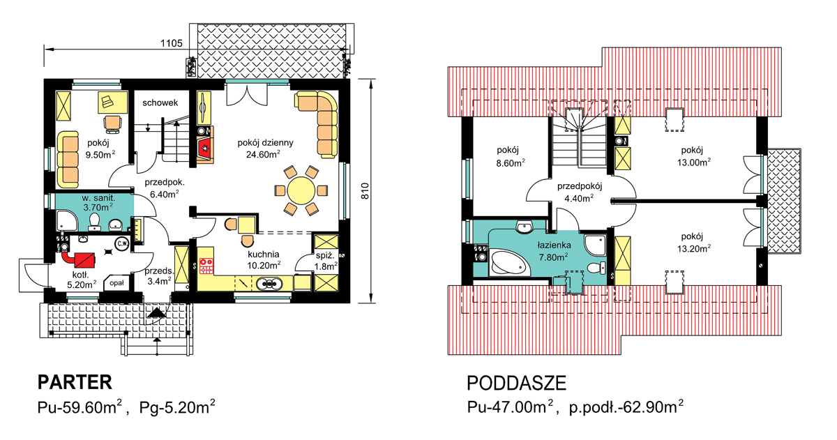 Rzuty parter/poddasze domu jednorodzinnego BS-49 wariant 3 bez garażu
