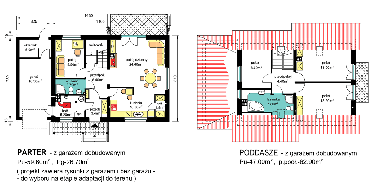 Rzuty parter/poddasze domu jednorodzinnego BS-49 wariant 3 z garażem