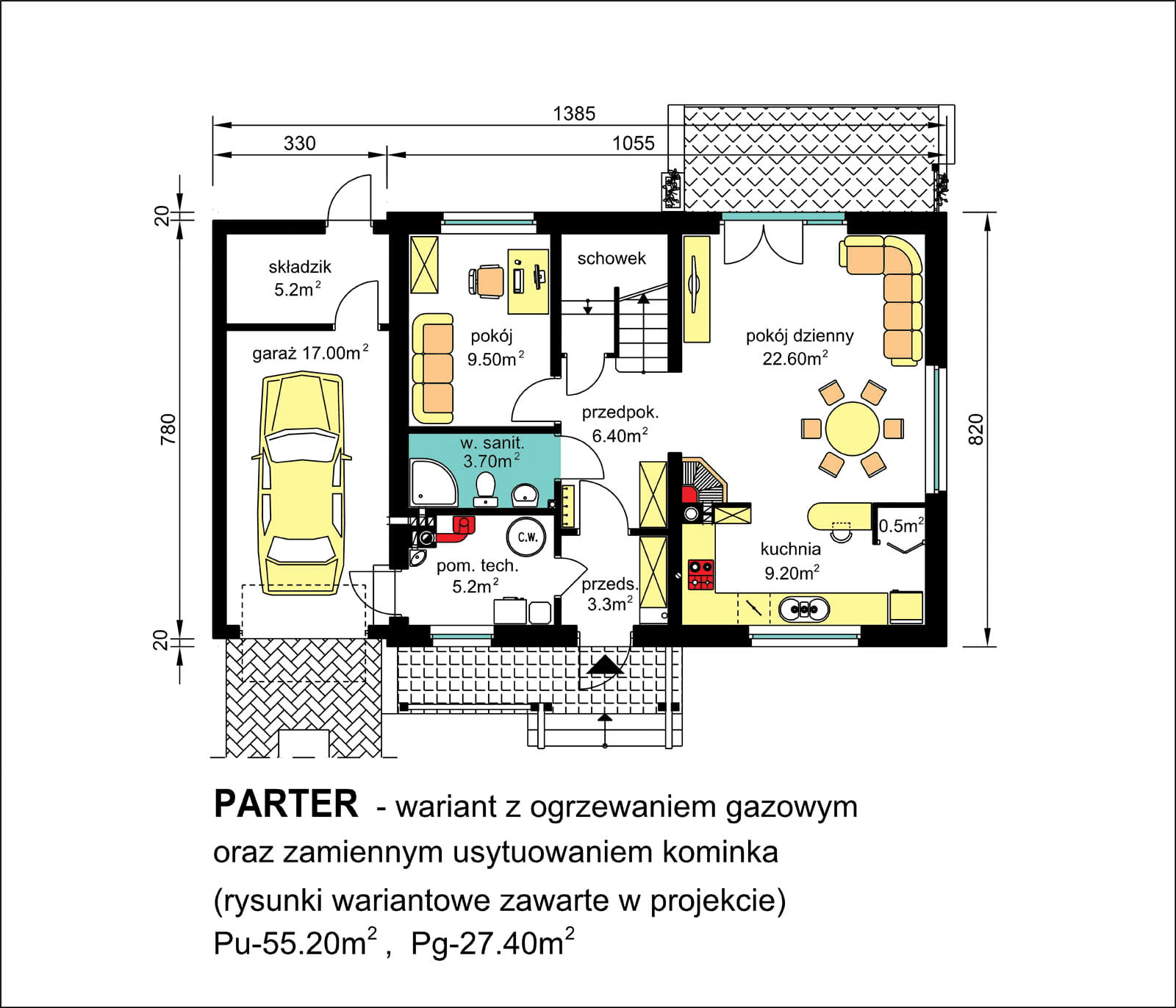 Rzut parteru domu jednorodzinnego BW-49 wariant 1 ogrzewanie gazowe