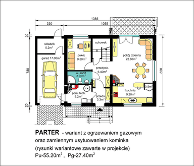 Rzut parteru domu jednorodzinnego BW-49 wariant 1 ogrzewanie gazowe