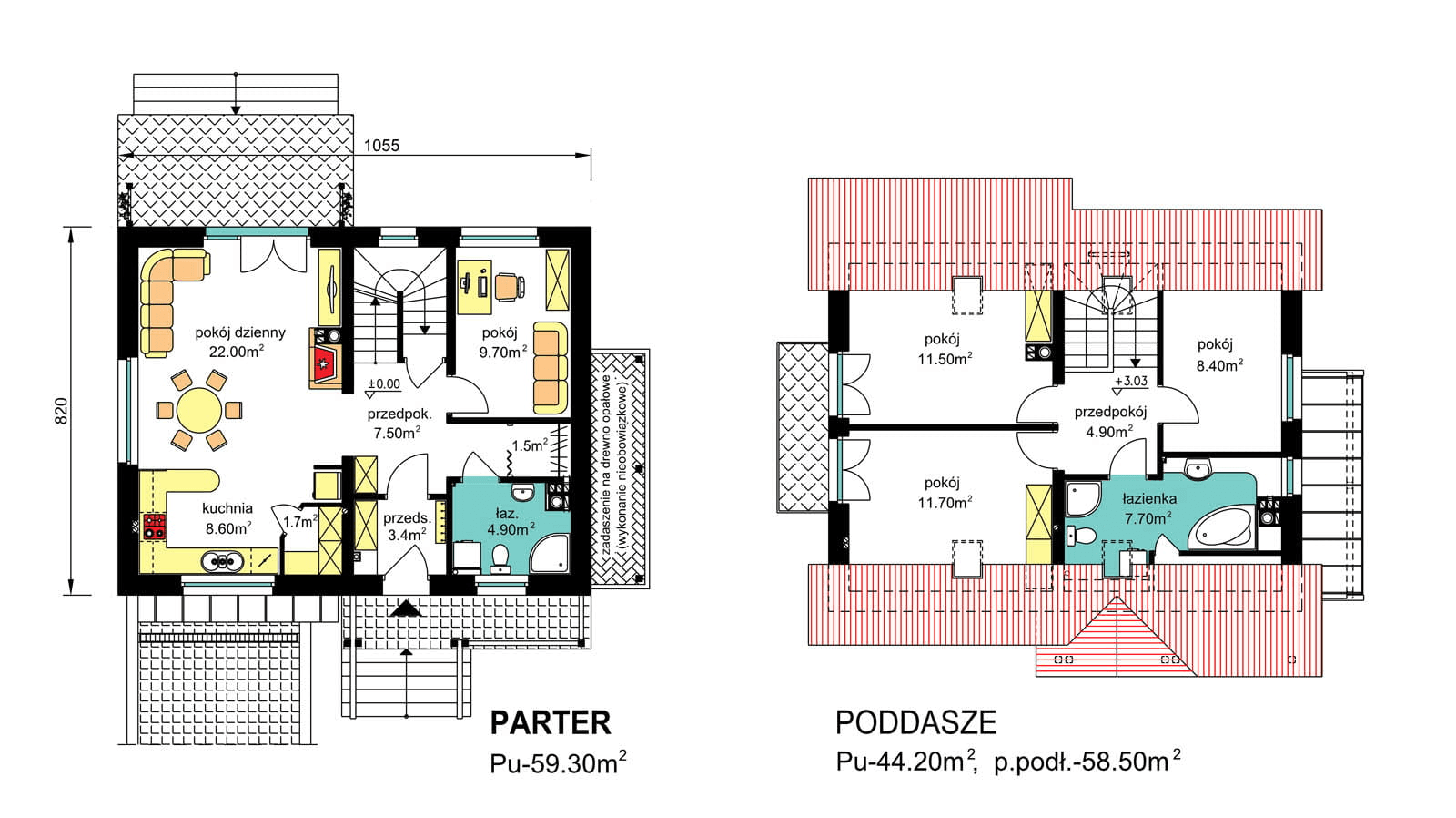 Rzuty parter/poddasze domu BW-49 wariant 10 podpiwniczony