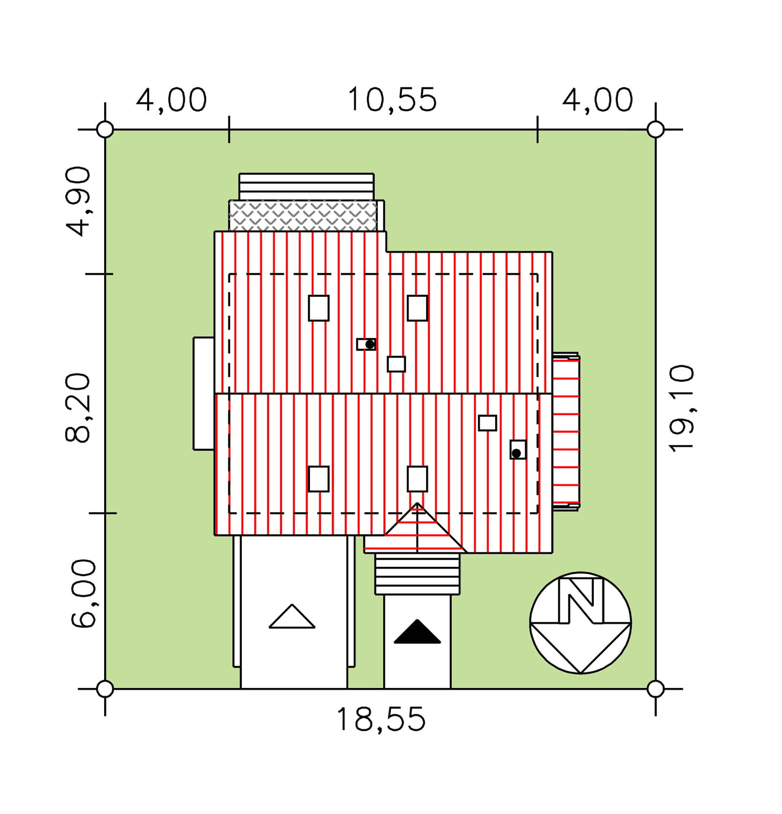 Rzut usytuowania domu jednorodzinnego BW-49 wariant 10 podpiwniczony na działce