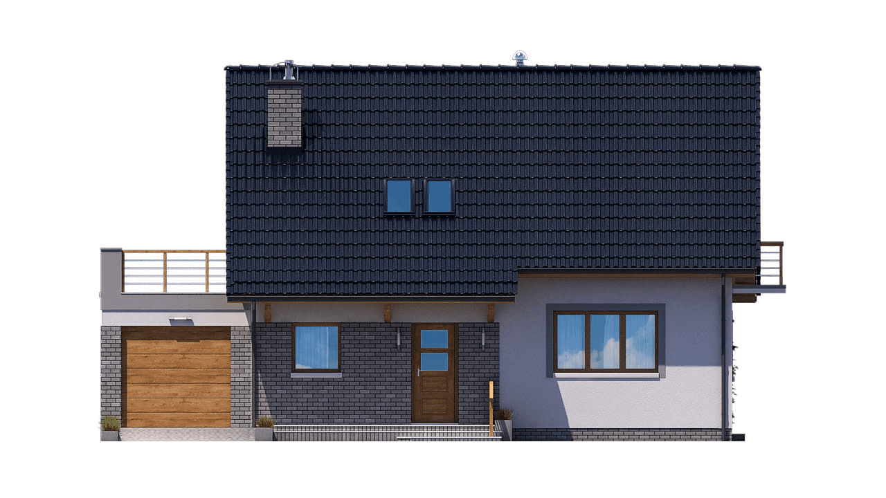 Elewacja forntowa projektu domu z poddaszem i tarasem nad garażem BW-49