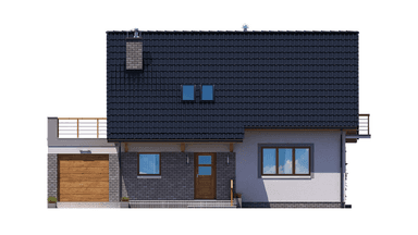 Elewacja forntowa projektu domu z poddaszem i tarasem nad garażem BW-49