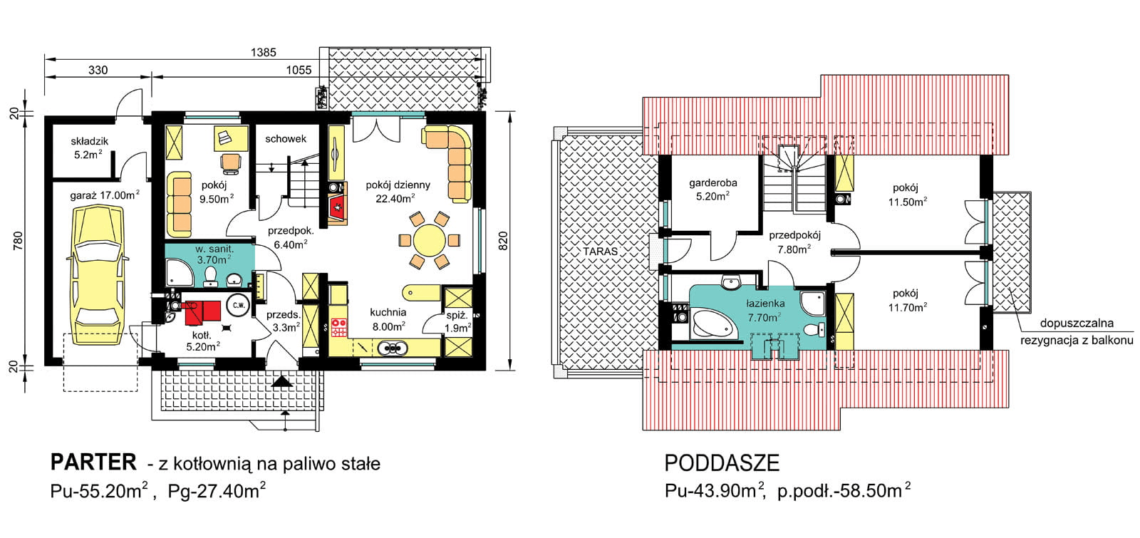 Rzut parteru i poddasza BW-49 wariant 8 w opcji z kotłem na paliwo stałe