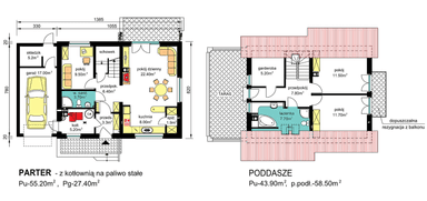 Rzut parteru i poddasza BW-49 wariant 8 w opcji z kotłem na paliwo stałe