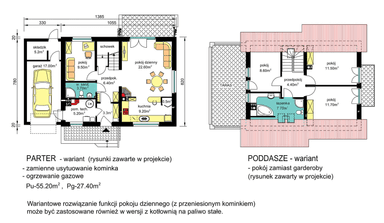 Rzut parteru i poddasza BW-49 wariant 8 w opcji z kotłem gazowym