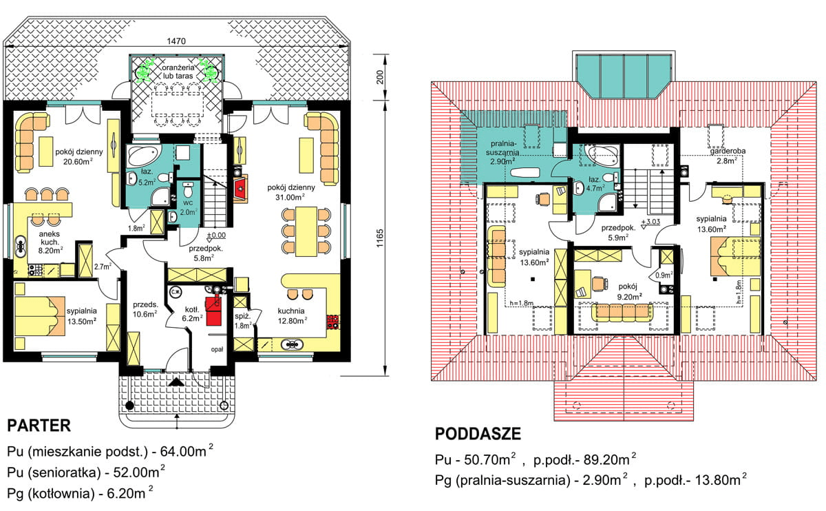 Rzuty parter/poddasze domu BW-52 dwulokalowego z wariantem na paliwo stałe