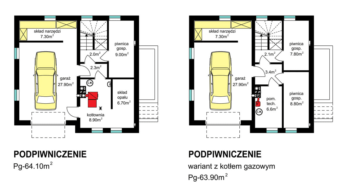 Rzuty podpiwniczenia domu jednorodzinnego BW-53 wariant 1