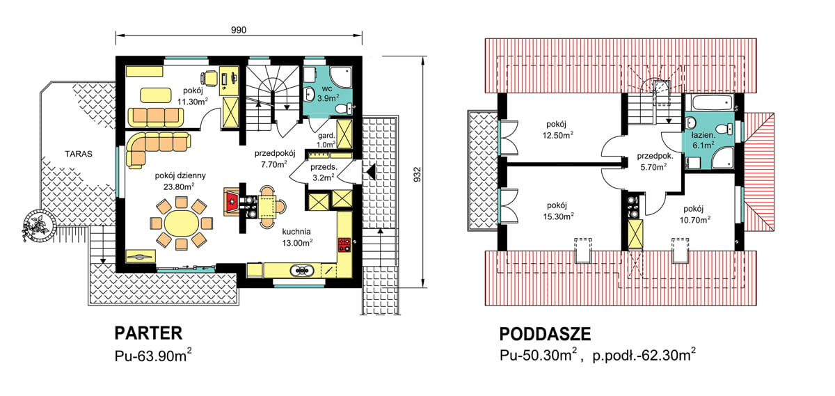 Rzuty parter/poddasze domu jednorodzinnego BW-53 wariant 1