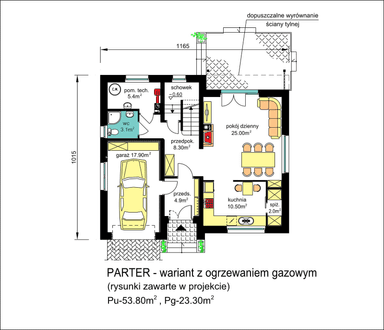 Rzut parteru domu jednorodzinnego BW-55 ogrzewanie gazowe