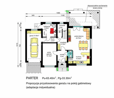 Rzut parteru domu jednorodzinnego BW-55 wariant 1. przystosowanie garażu na pokój
