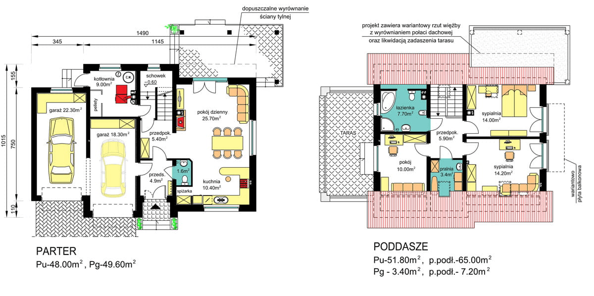 Rzuty parter/poddasze domu jednorodzinnego BW-55 wariant 1.