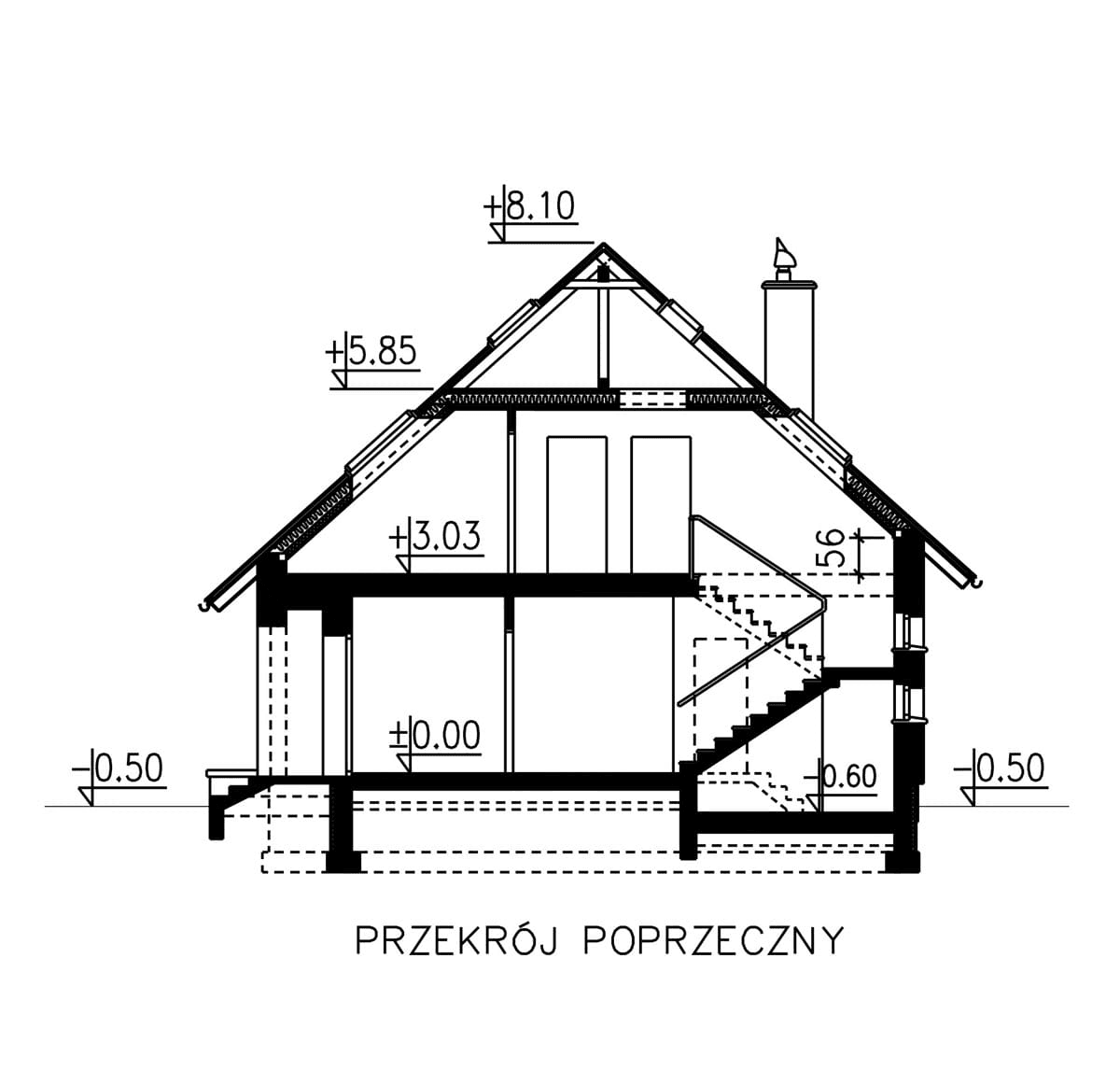 Przekrój domu jednorodzinnego BW-55 wariant 1.