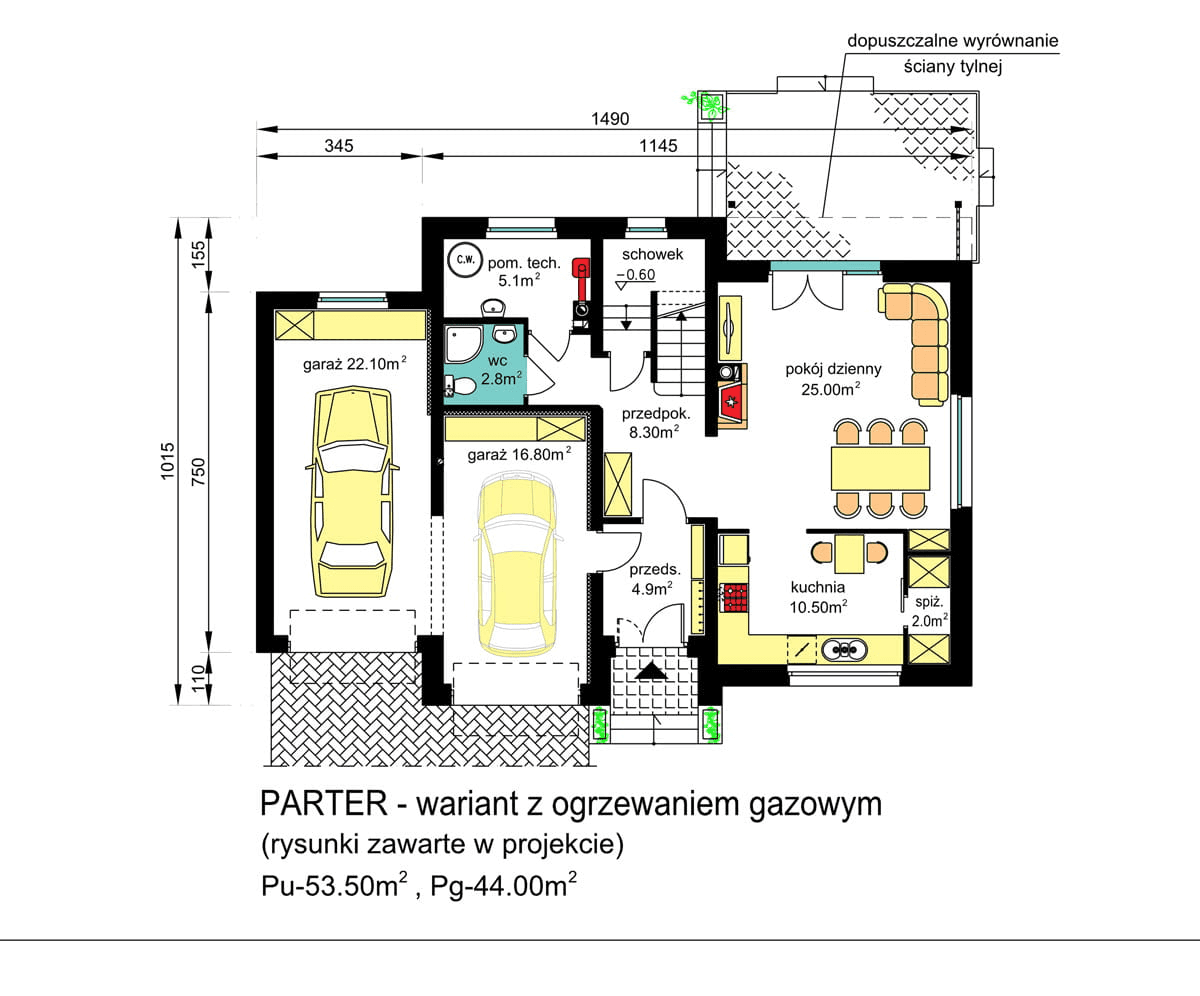 Rzut parteru domu jednorodzinnego BW-55 wariant 1. ogrzewanie gazowe