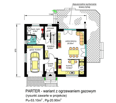 Rzut parteru domu jednorodzinnego BW-55 wariant 2. ogrzewanie gazowe