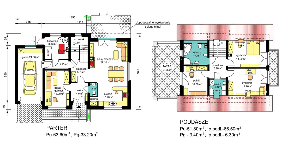 Rzuty parter i poddasze BW-55 wariant 3 opcja z kotłownią na paliwo stałe