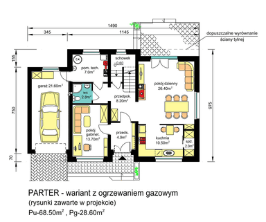 Rzut parteru BW-55 wariant 3 opcja z ogrzewaniem gazowym