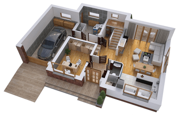 Wizualizacja 3D rzutu parteru BW-55 wariant 3