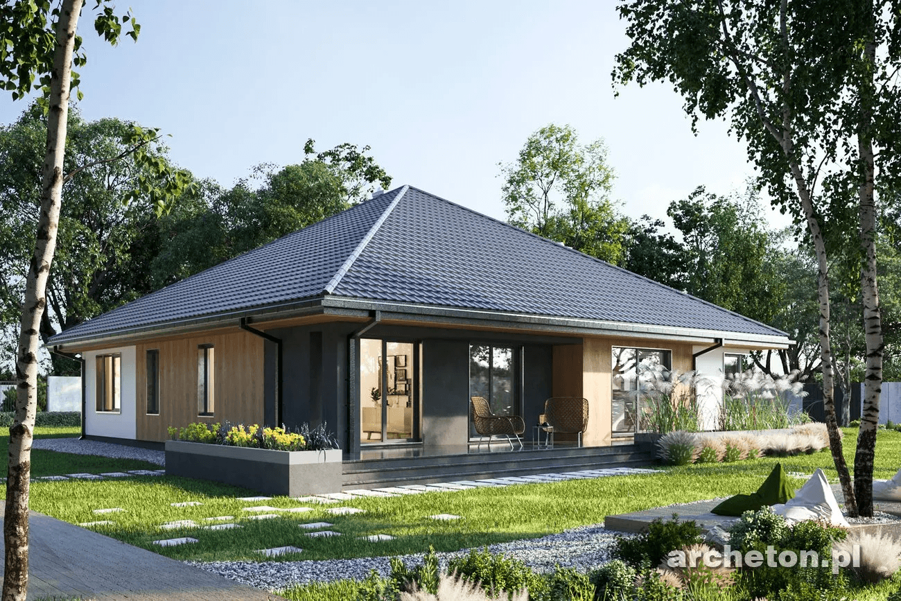 Widok na piękny taras w podcieniu projektu parterowego Karol Polo