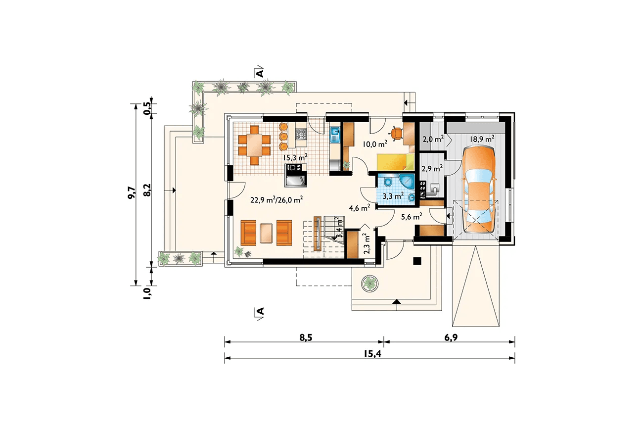 Rzut parteru w projekcie domu Margo Kubik