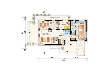 Rzut parteru w projekcie domu Margo Kubik