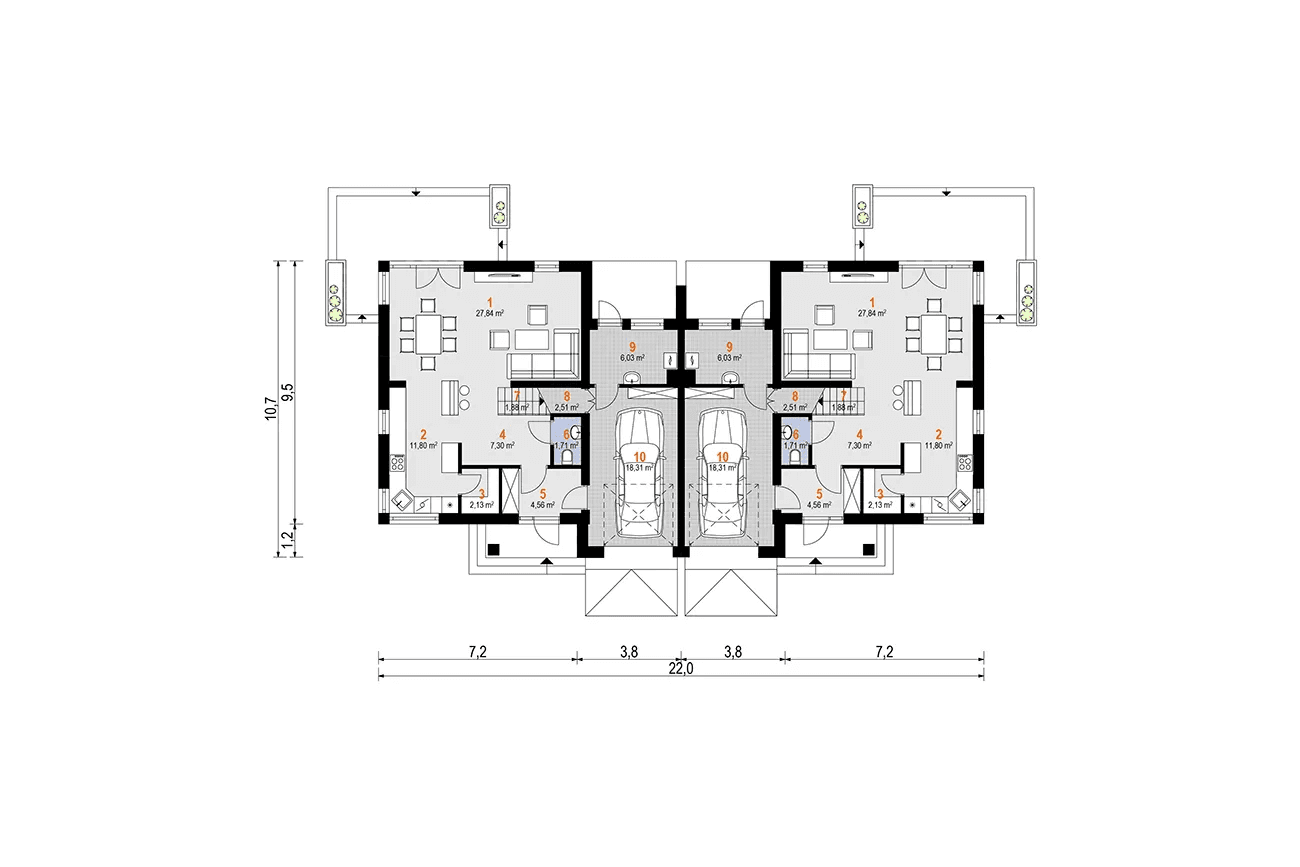 Rzut parteru dom jednorodzinny dwulokalowy Igro Duolit