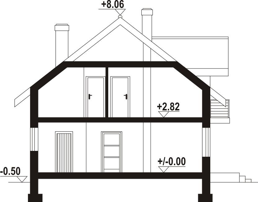 Przekrój budynku w projekcie domu Cedrowo mk1