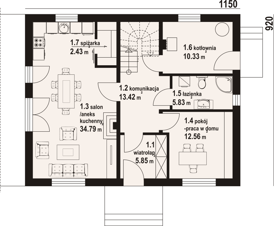 Rzut parteru w projekcie domu Cedrowo B1mk