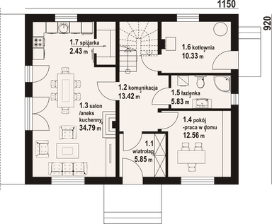 Rzut parteru w projekcie domu Cedrowo B1mk