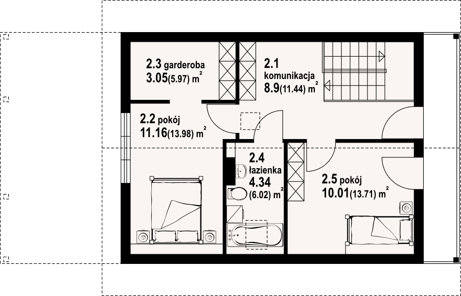 Rzut poddasza w projekcie domu bartnowice 7 dws