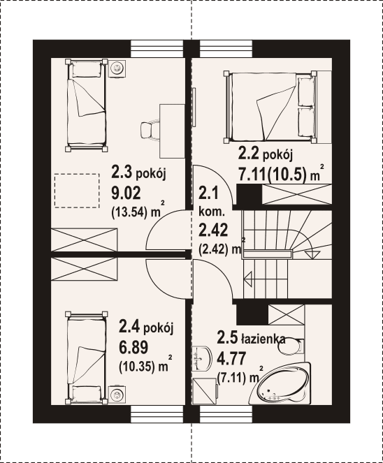 Rzut poddasza domu Gładyszowo aa 70 w konstrukcji bal drewniany