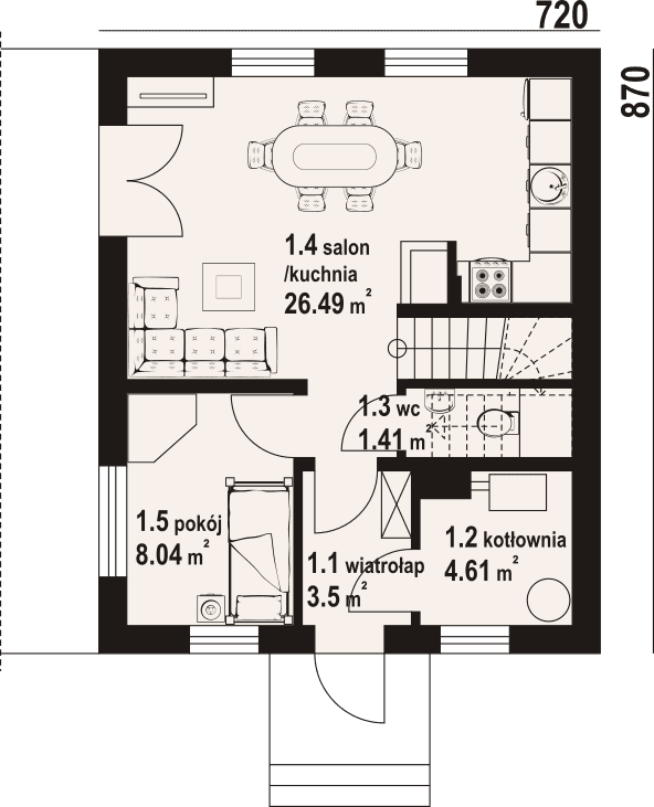 Rzut parteru domu z bala drewnianego Gładyszowo aa 70