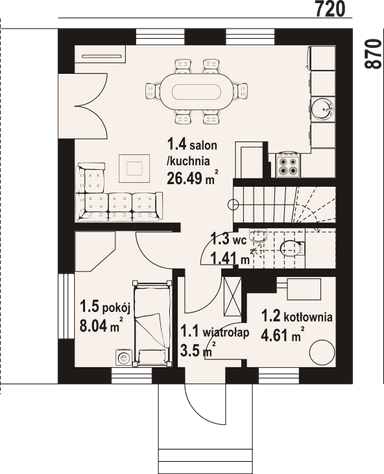 Rzut parteru domu z bala drewnianego Gładyszowo aa 70