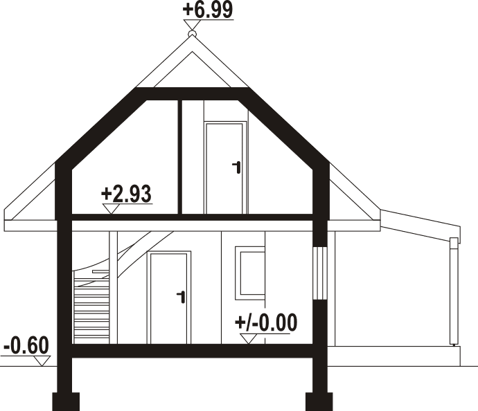 Przekrój domu w konstrukcji bal drewniany Gajówko 13 dw