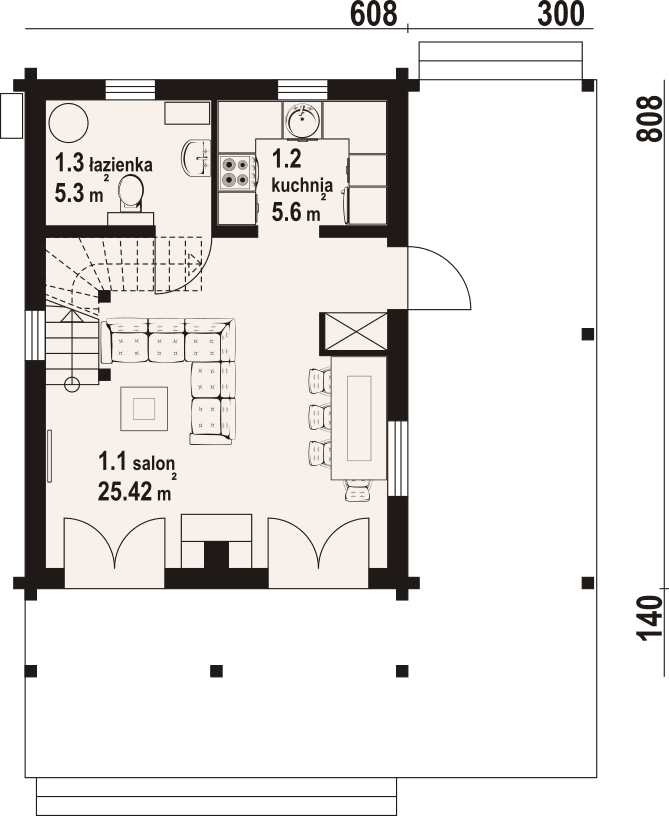 Rzut parteru w domu Gajówko 13 dw - dom z budową w konstrukcji bal drewniany