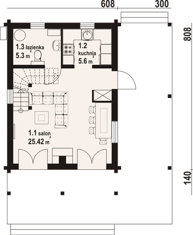 Rzut parteru w domu Gajówko 13 dw - dom z budową w konstrukcji bal drewniany
