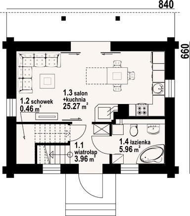 Rzut parteru domu Gródek dw 13