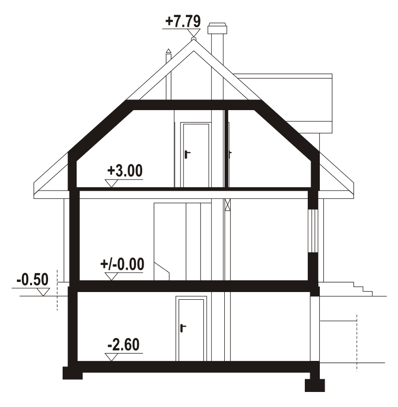 Przekrój porjektu domu jednorodzinnego Bartne dw 29