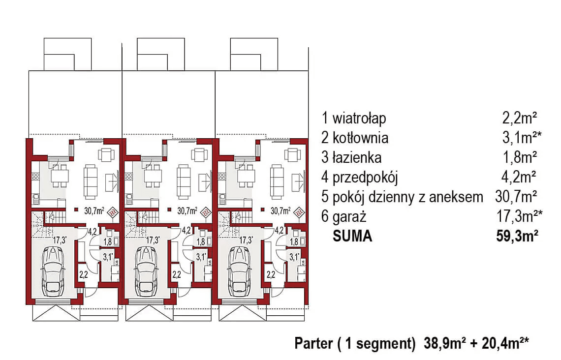 Rzut parteru projektu domu Andrea 3 segmenty