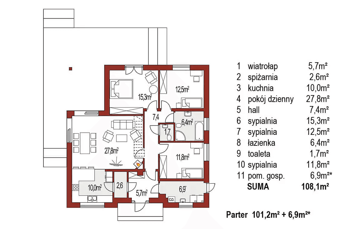 Rzut parteru domu jednorodzinnego Bella A