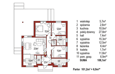 Rzut parteru domu jednorodzinnego Bella A