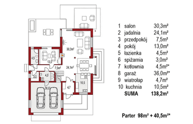 Rzut parteru projektu domu jednorodzinnego Carmen Grande A