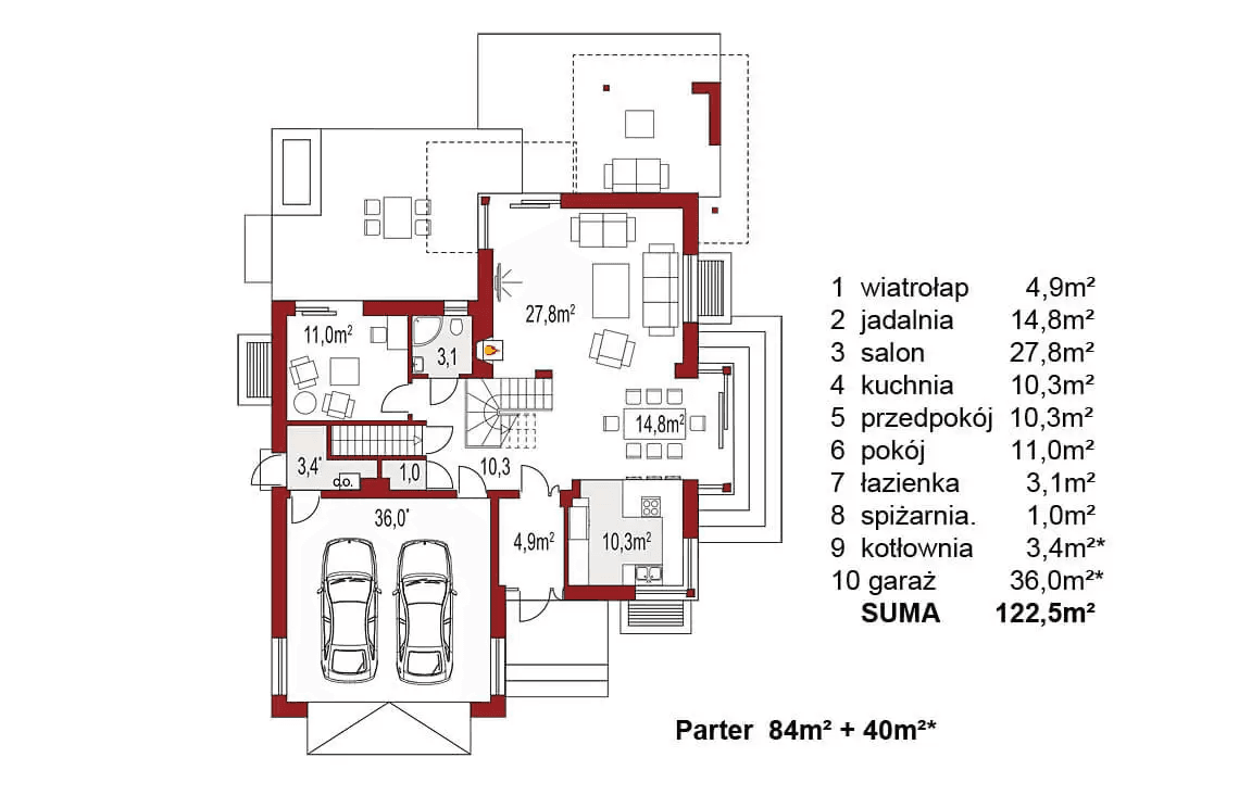 Rzut parteru domu jednorodzinnego Carmen Magdalena A z piwnicą