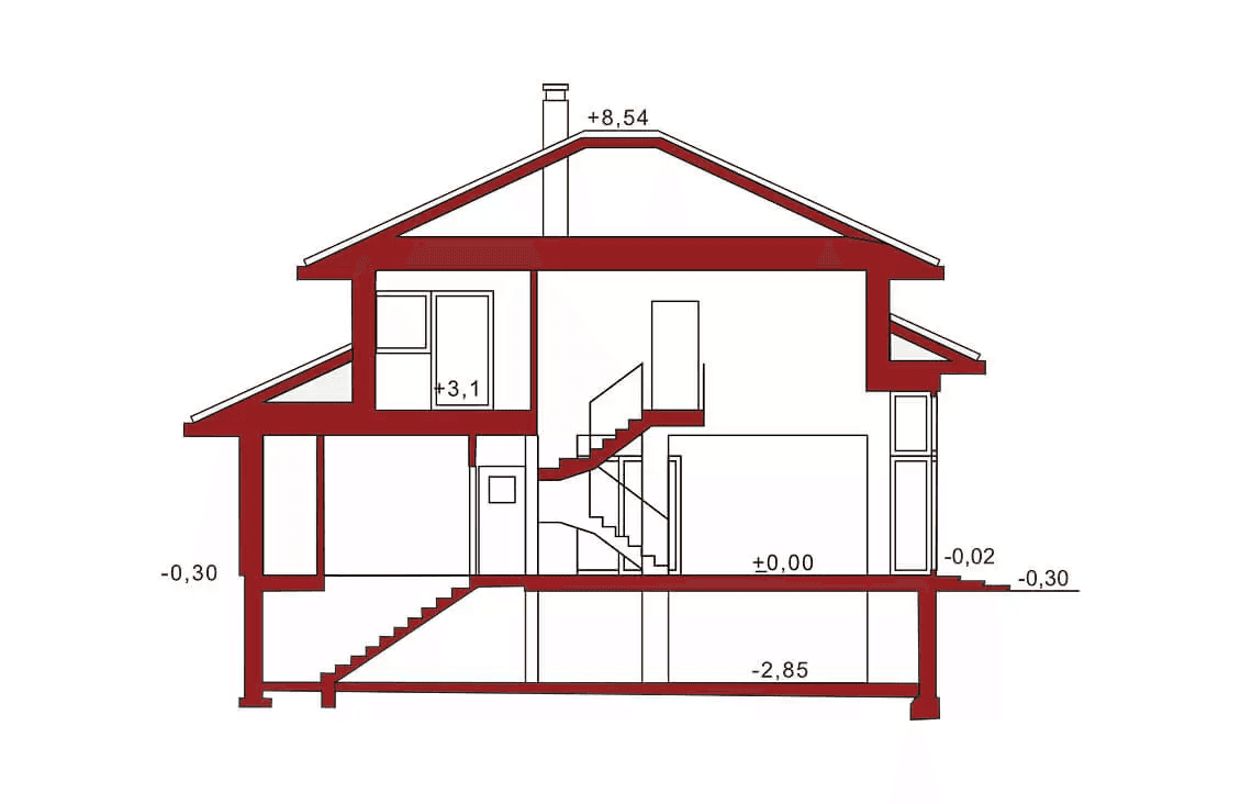 Przekrój projektu domu Carmen Magdalena A z piwnicą