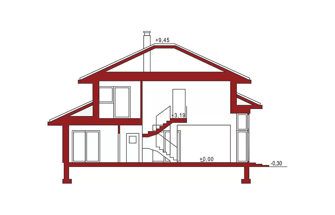Przekrój projektu domu Carmen Magdalena B 30 stopni