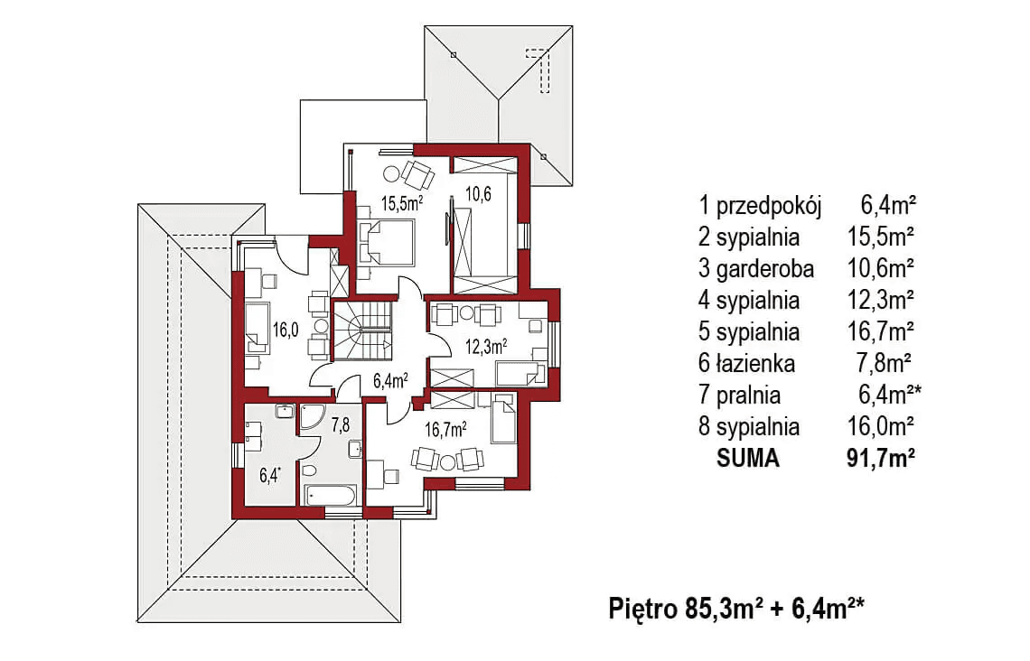 Rzut piętra projektu domu jednorodzinnego Carmen Magdalena B 30 stopni