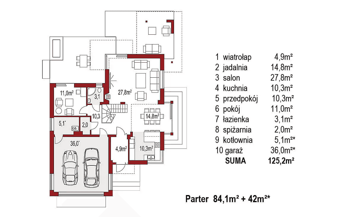 Rzut parteru domu jednorodzinnego Carmen Magdalena B 30 stopni strop monolityczny