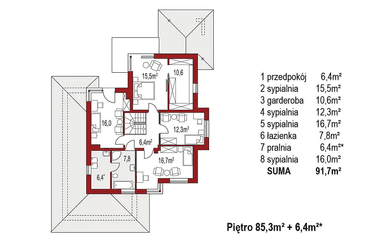 Rzut piętra projektu domu jednorodzinnego Carmen Magdalena C 30 stopni strop monolityczny