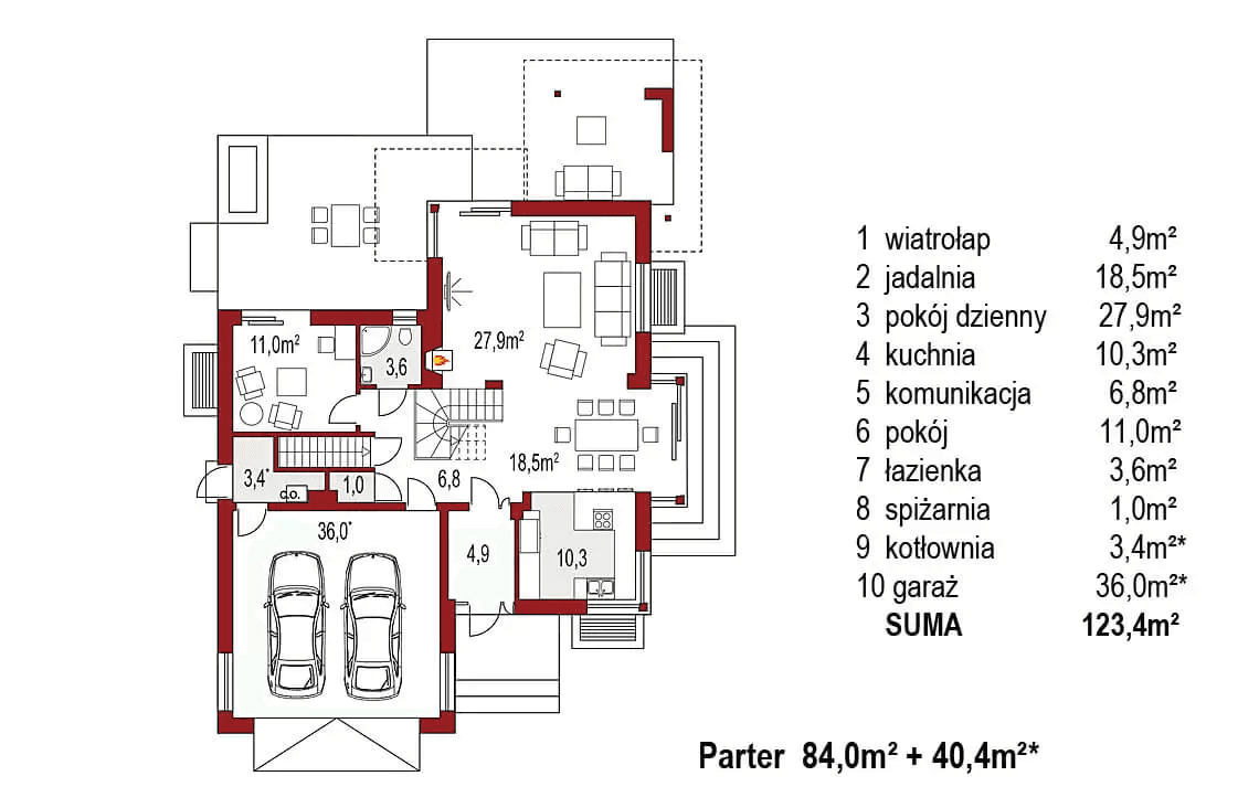 Rzut parteru projektu domu jednorodzinnego Carmen Magdalena C